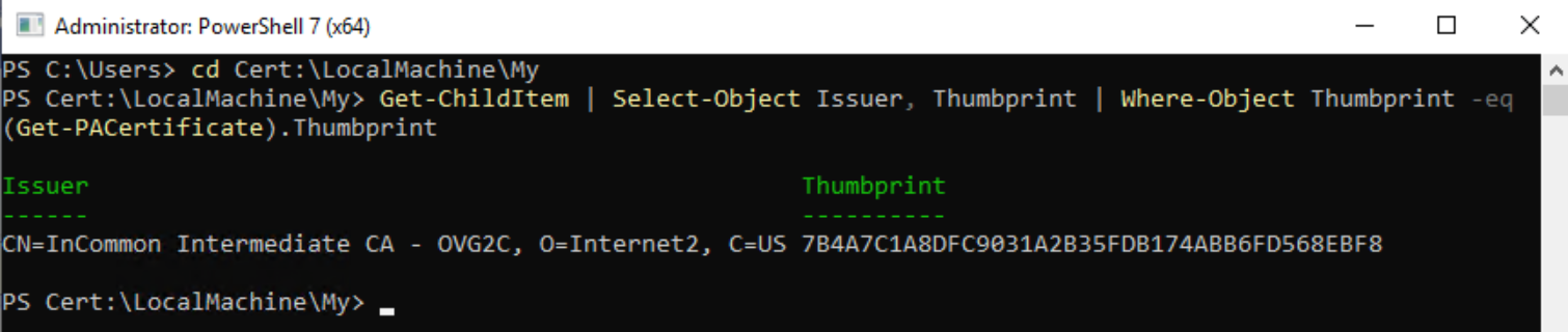 Snip of powershell command with output indicating the issuer and thumbprint values for a newly-generated certificate.